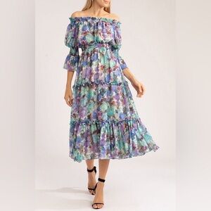 PatBo Blossom Off The Shoulder Floral Violet Midi Dress size 8